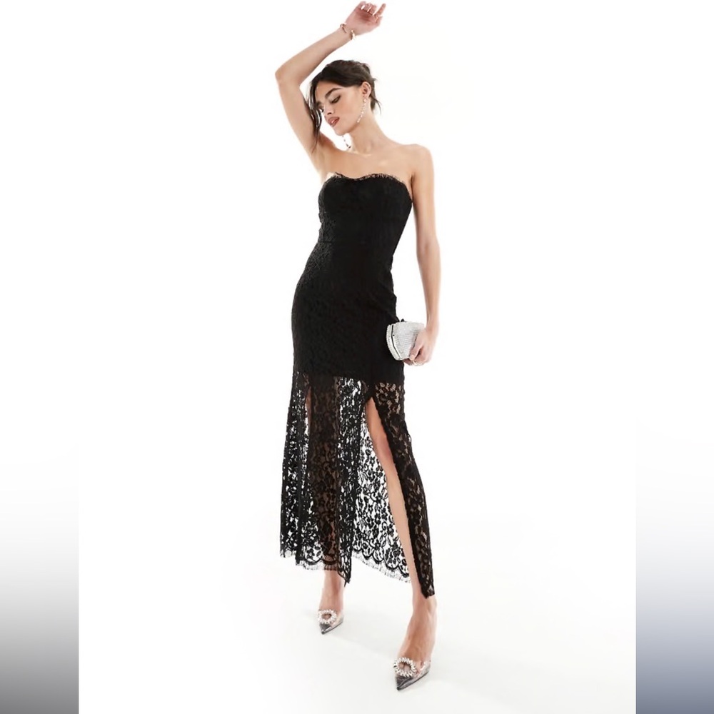 Miss Selfridge Black Sheer Lace Bandeau Maxi Dress Size 6